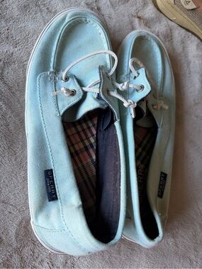 Sperry Aqua Canvas Boat Shoes with White Laces